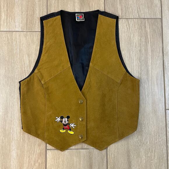 Disney Mickey Unlimited Suede Leather Vest S/M Brown Embroidered Mickey Vintage - Picture 1 of 7